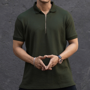 Dark Green Structured Half Sleeves Zipper T Shirt