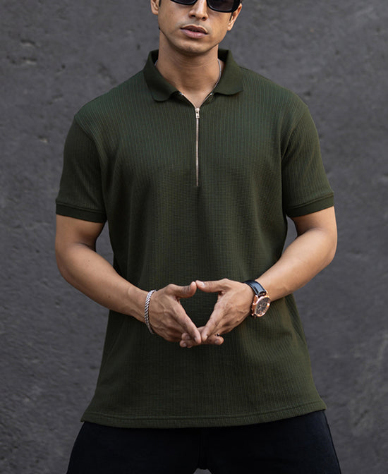 Dark Green Structured Half Sleeves Zipper T Shirt - Image 2