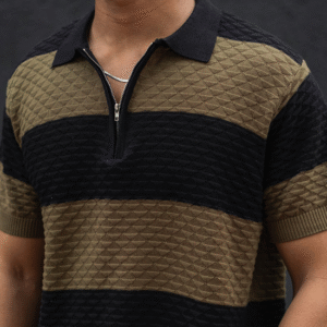 Olive Green and Black Structured Striped Regular Half Sleeves T Shirt