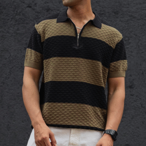 Olive Green and Black Structured Striped Regular Half Sleeves T Shirt