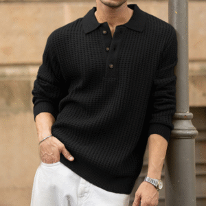 Black Structured Knit Polo T-Shirt
