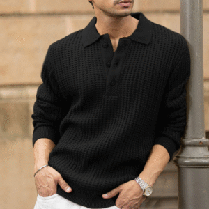 Black Structured Knit Polo T-Shirt