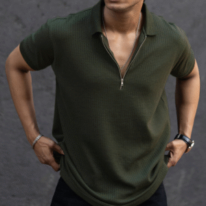 Dark Green Structured Half Sleeves Zipper T Shirt